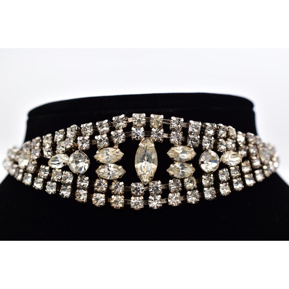 Vintage Statement Rhinestone Crystal Choker Necklace Silver Clear 50s 60s BinBQ
